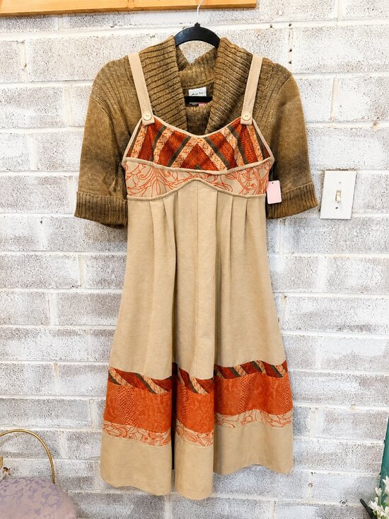 Vintage Dresses & Skirts - Vintage Inspired Patchwork Pinafore Dress & Cowl Neck Sweater Set Boho